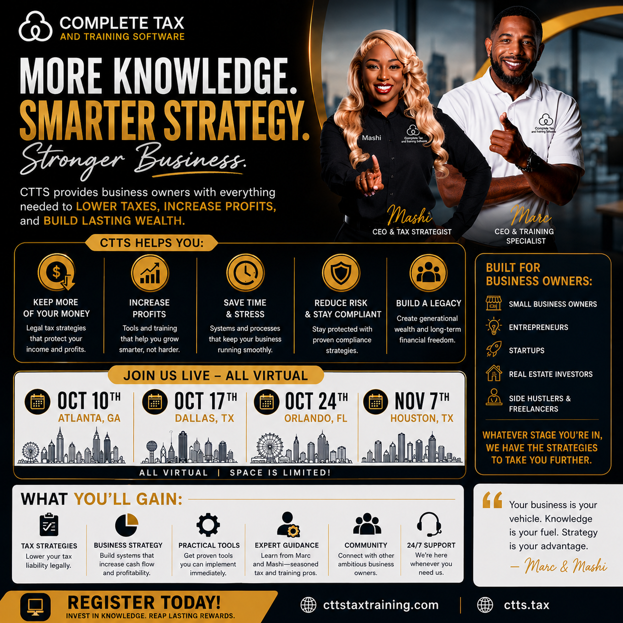 CTTS Tax Tour flyer — More Knowledge. Smarter Strategy. Stronger Business. Virtual training Oct 10 Atlanta, Oct 17 Dallas, Oct 24 Orlando, Nov 7 Houston.